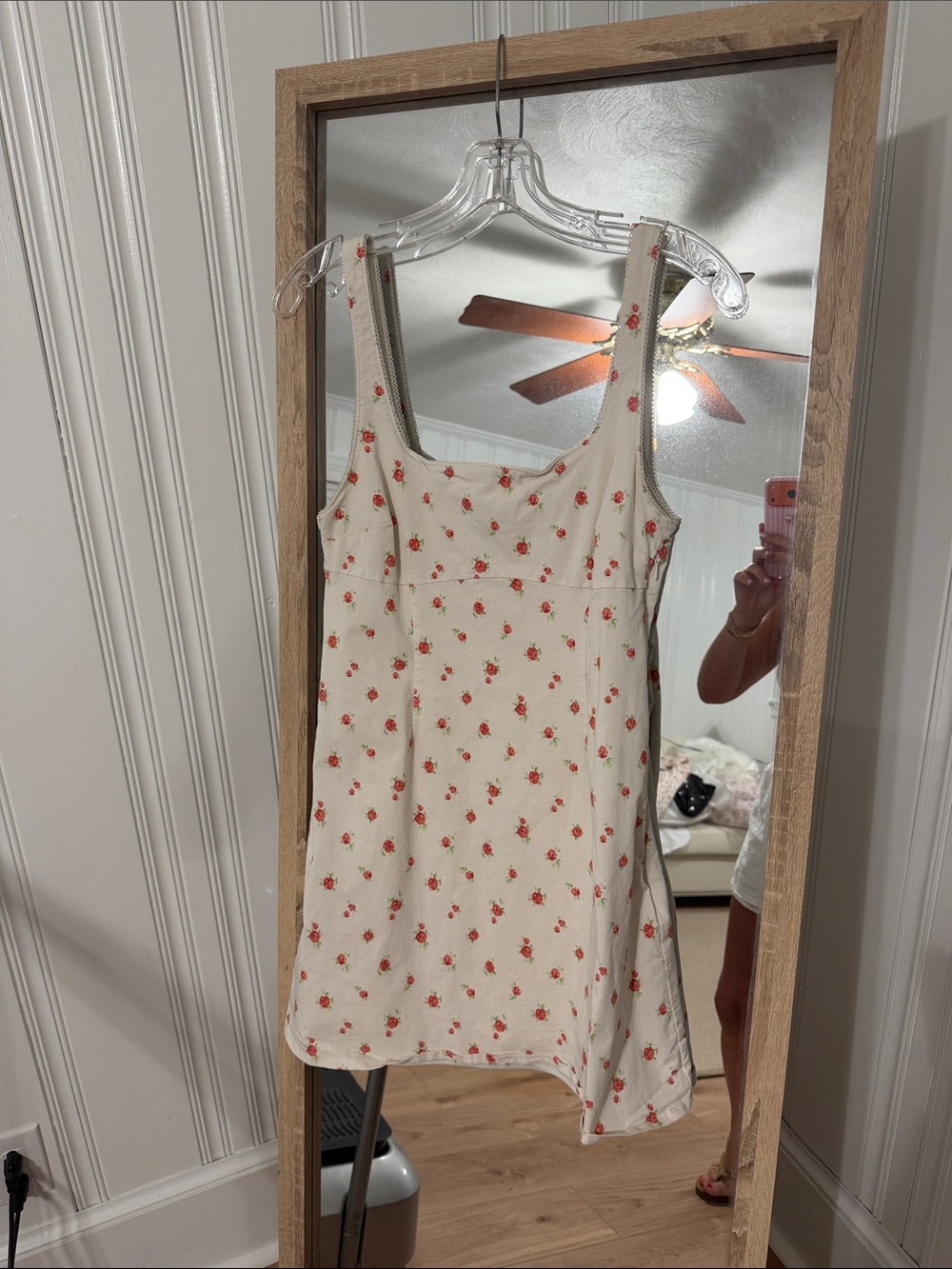 Cream Floral Mini Dress with Red Rose Print